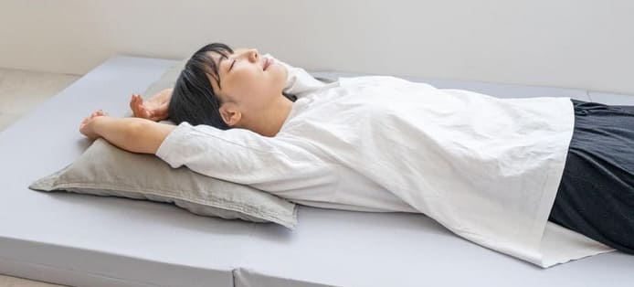 三つ折りタイプの高反発マットレス(シングル)と、低反発の枕の写真
