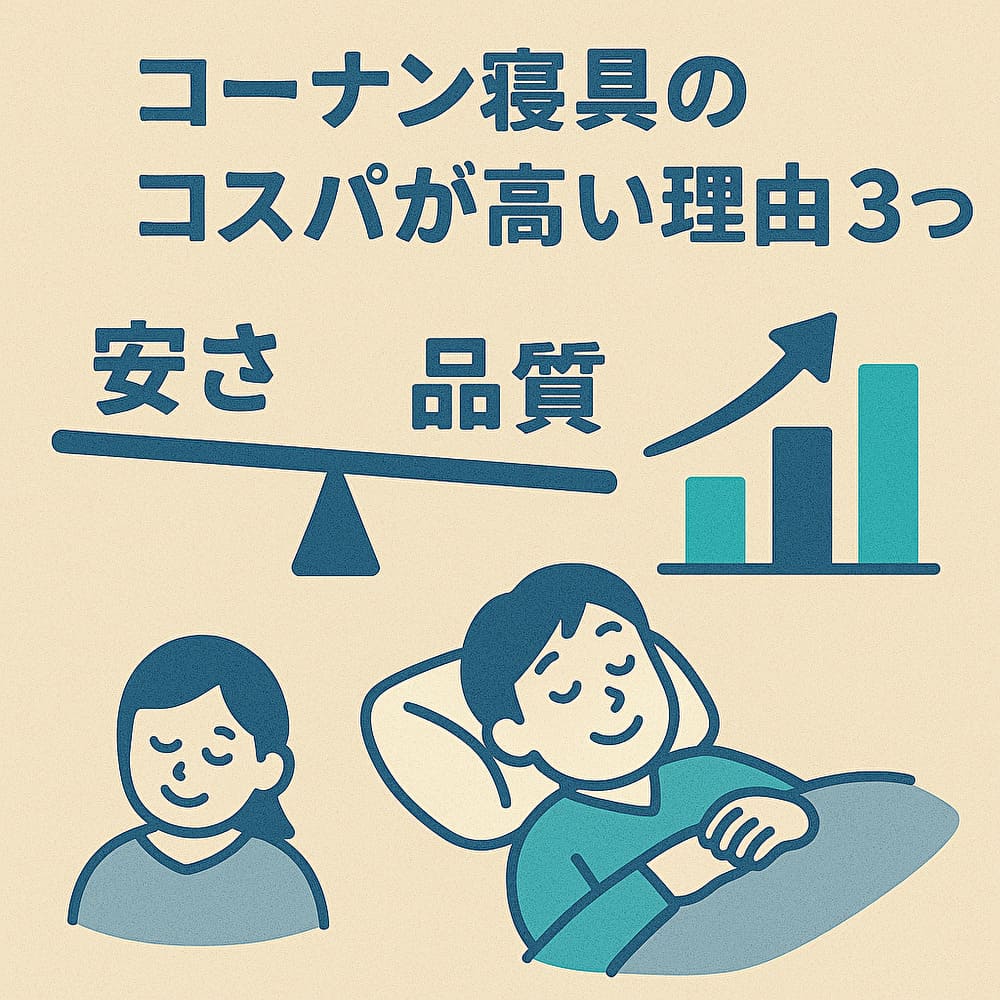 コスパの高さを表現する上昇グラフと寝ている男性のイメージイラスト