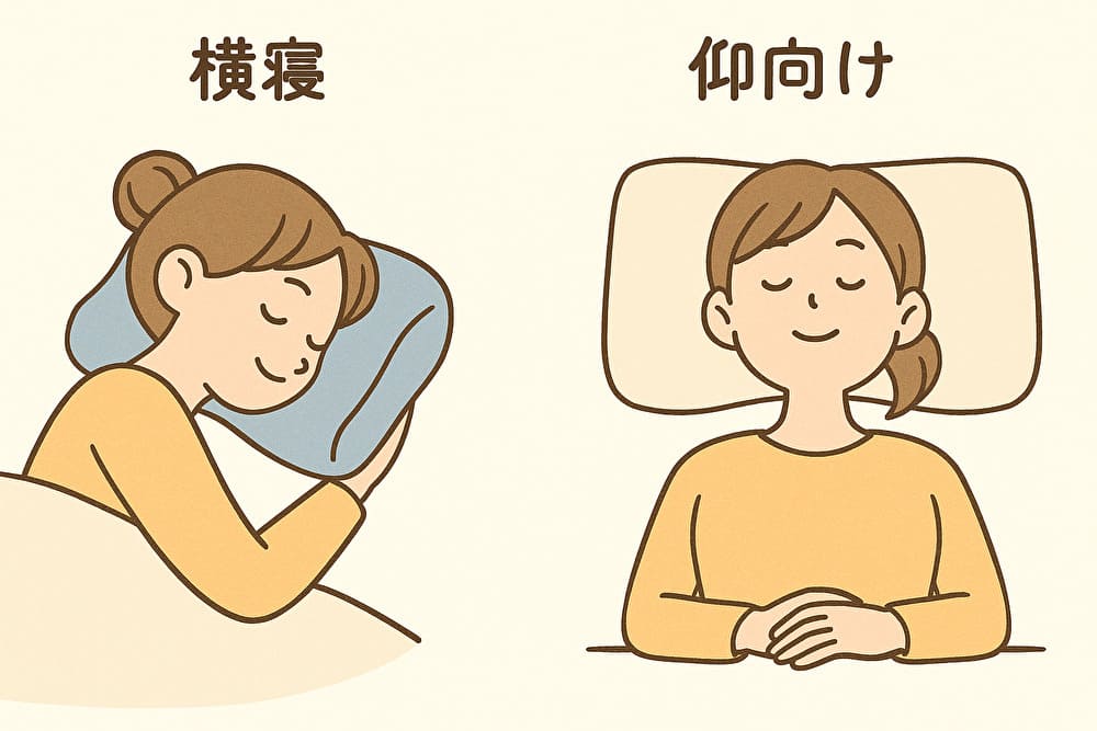 横向き寝と仰向け寝をする若い女性のイラスト。寝姿勢ごとに合う枕の選び方の参考になる図。