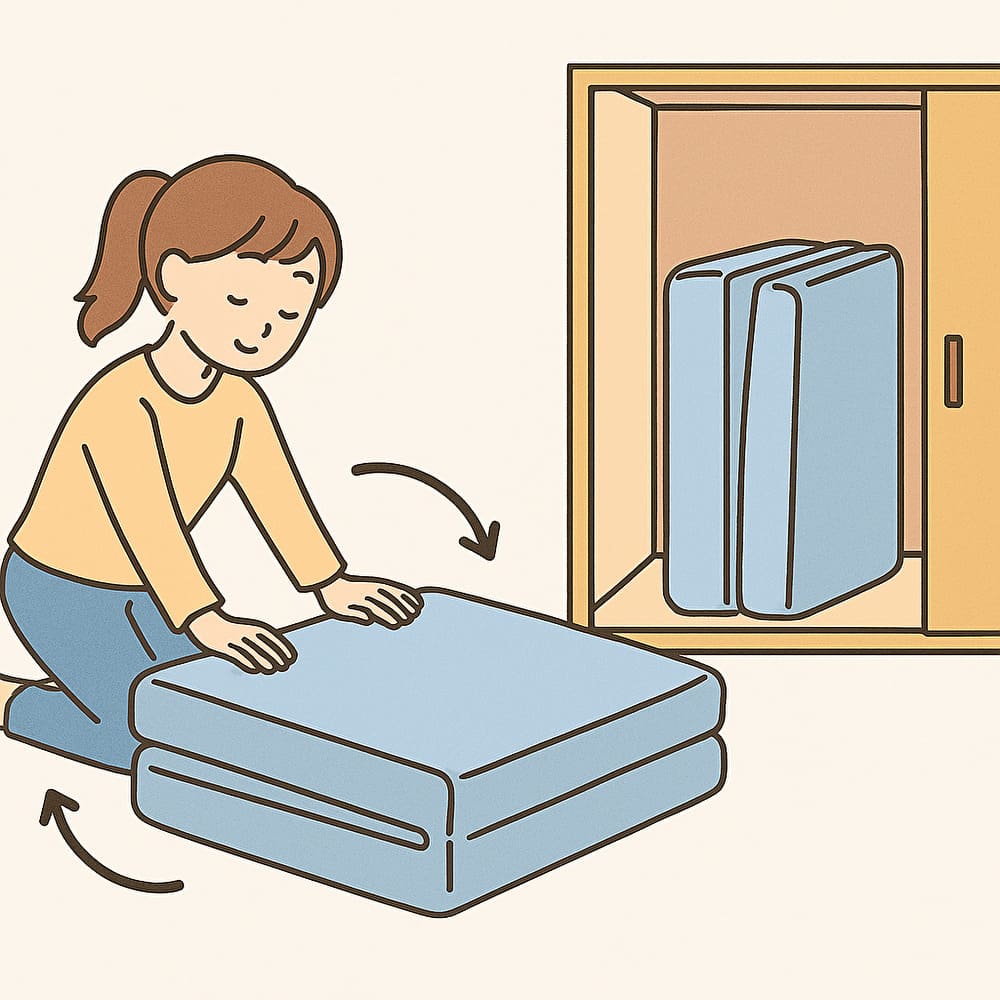 三つ折りマットレスを収納する様子を描いたイラスト。女性がマットレスを畳んで押し入れにしまっているシーン。