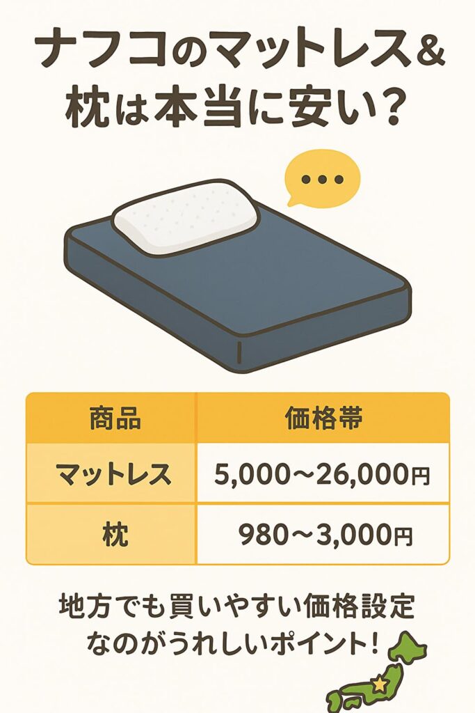 ナフコのマットレスと枕の価格帯をまとめた図。マットレスは5,000〜26,000円、枕は980〜3,000円。地方でも買いやすい価格設定が特徴。