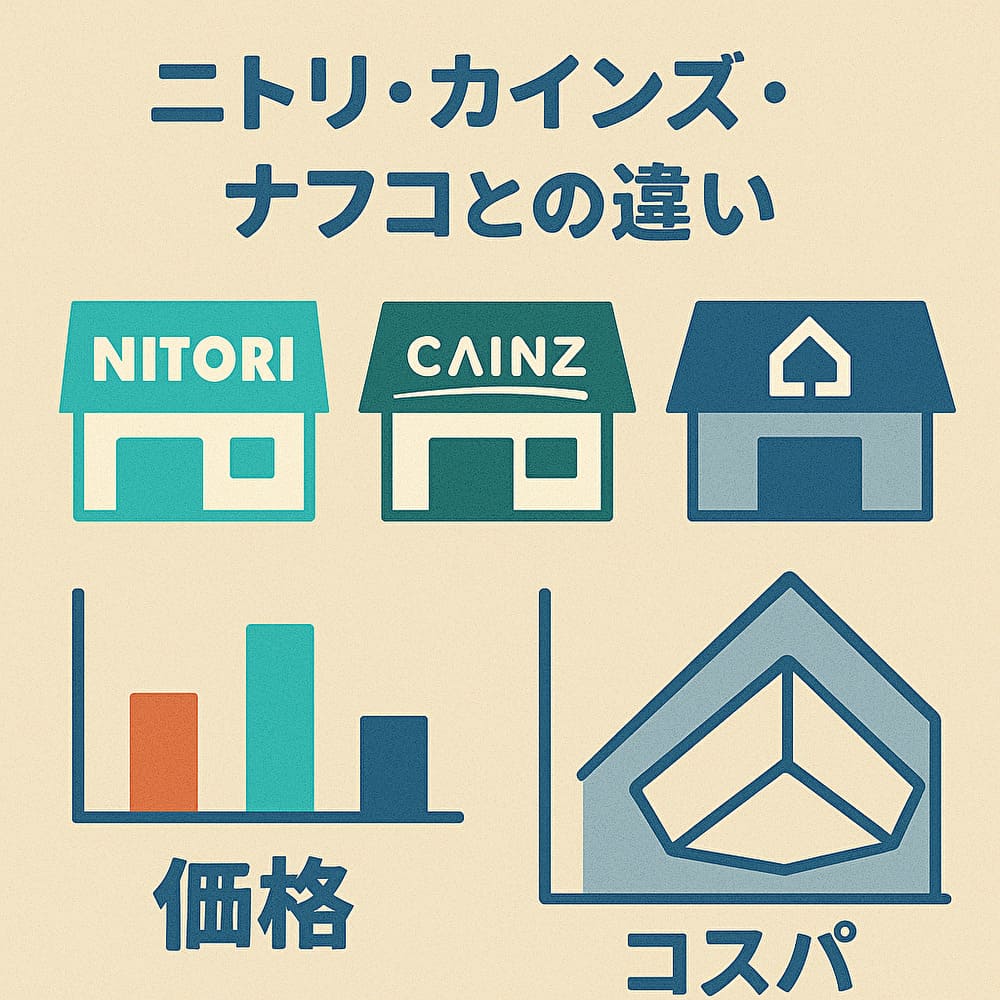 ニトリ・カインズ・ナフコの比較を示す店舗アイコンとグラフイメージ