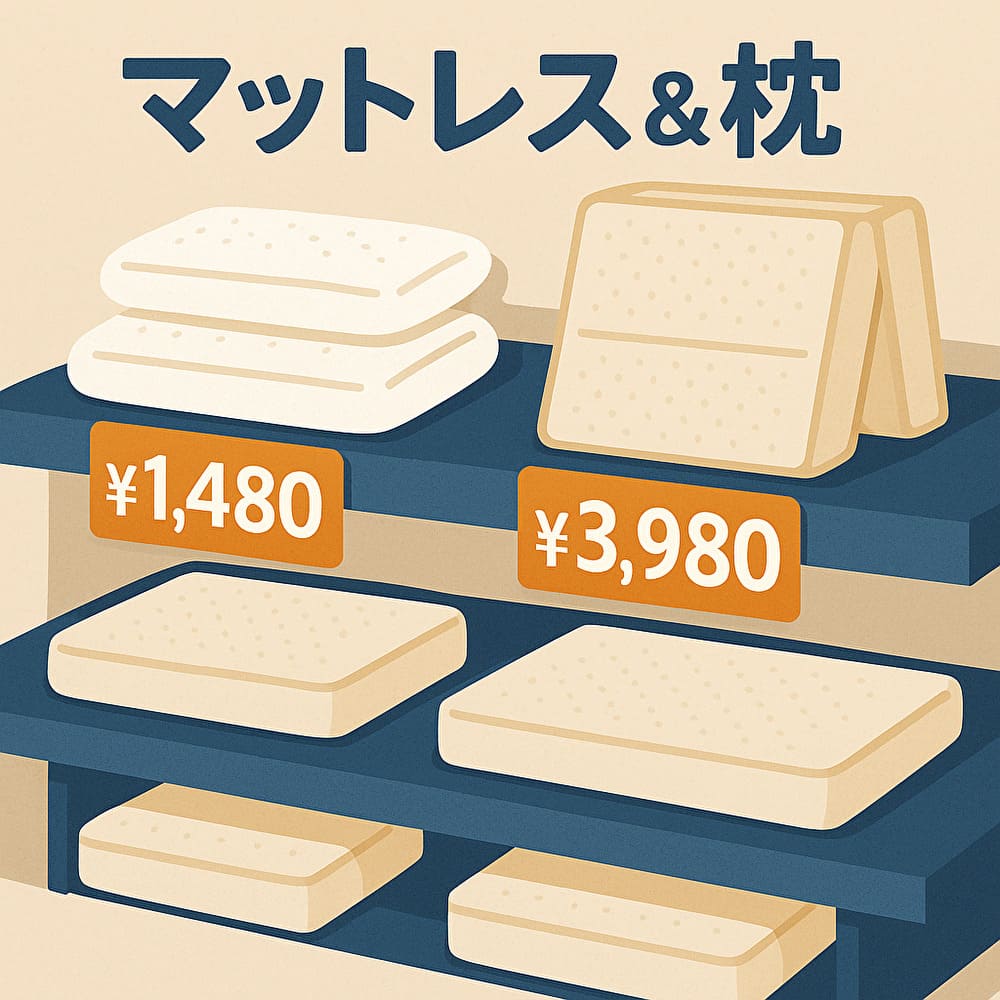 コーナンの店舗に並ぶ1,480円と3,980円のマットレス・枕の棚陳列