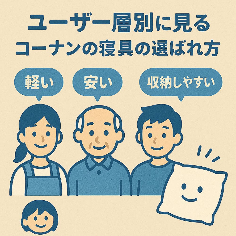 コーナンの寝具が選ばれる理由を示す主婦・高齢者・一人暮らしのキャラクターたち