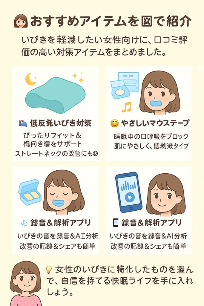 いびきに悩む女性向け、さくらちゃんが紹介する快眠アイテムの図解。マウステープやいびき対策枕などが並んでいる。