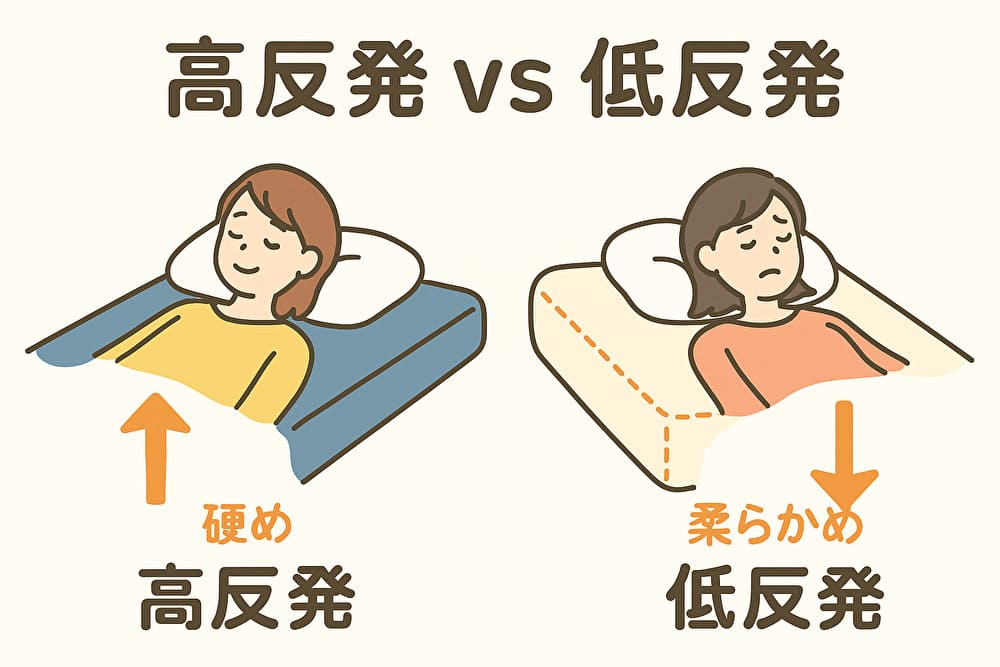 高反発と低反発マットレスの違いを寝姿のイラストで比較した図。高反発は沈みにくく、低反発は柔らかく沈む様子が描かれている。