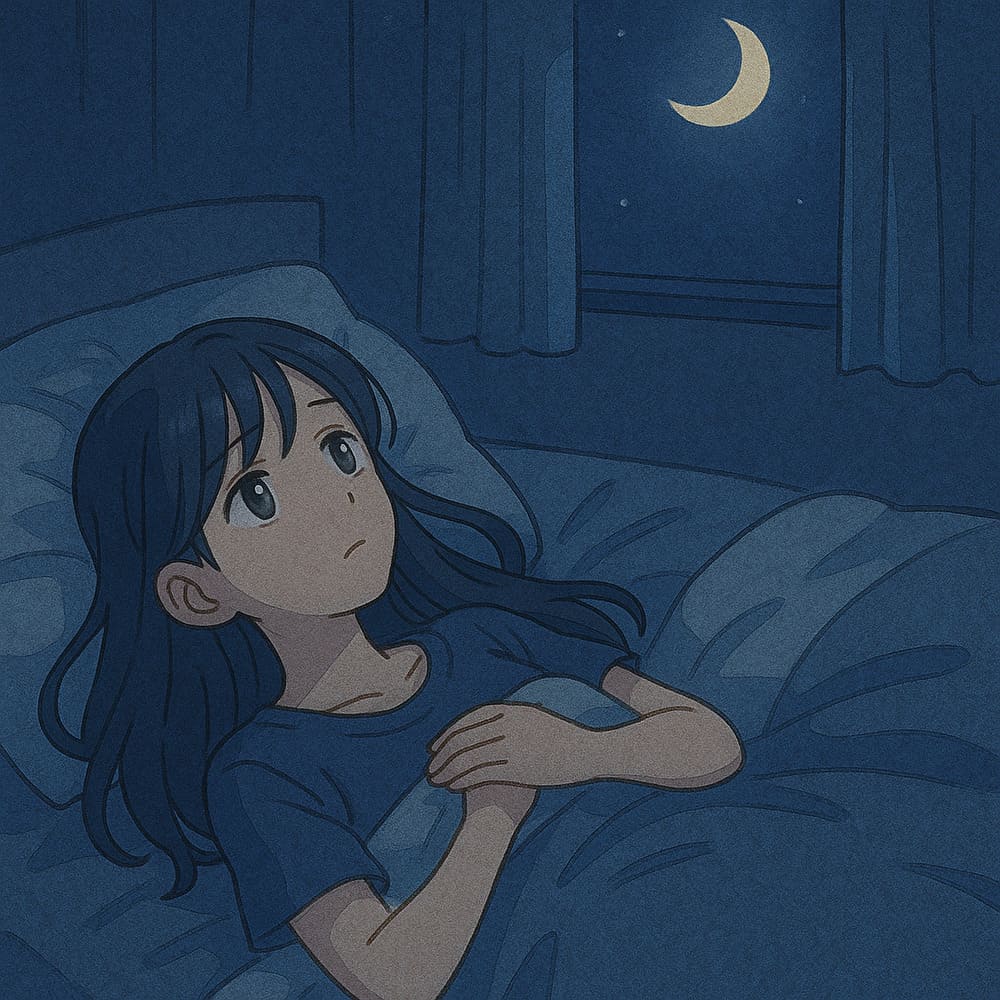 うつむいた表情で布団に横たわる女性。心の距離を見つめ直す静かな時間。