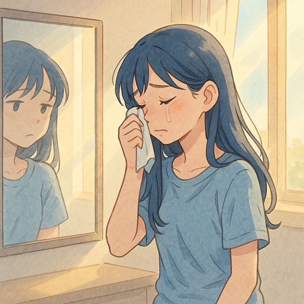 鏡の前でタオルで涙を拭う女性。感情を押し殺していた自分に気づく朝の光景。