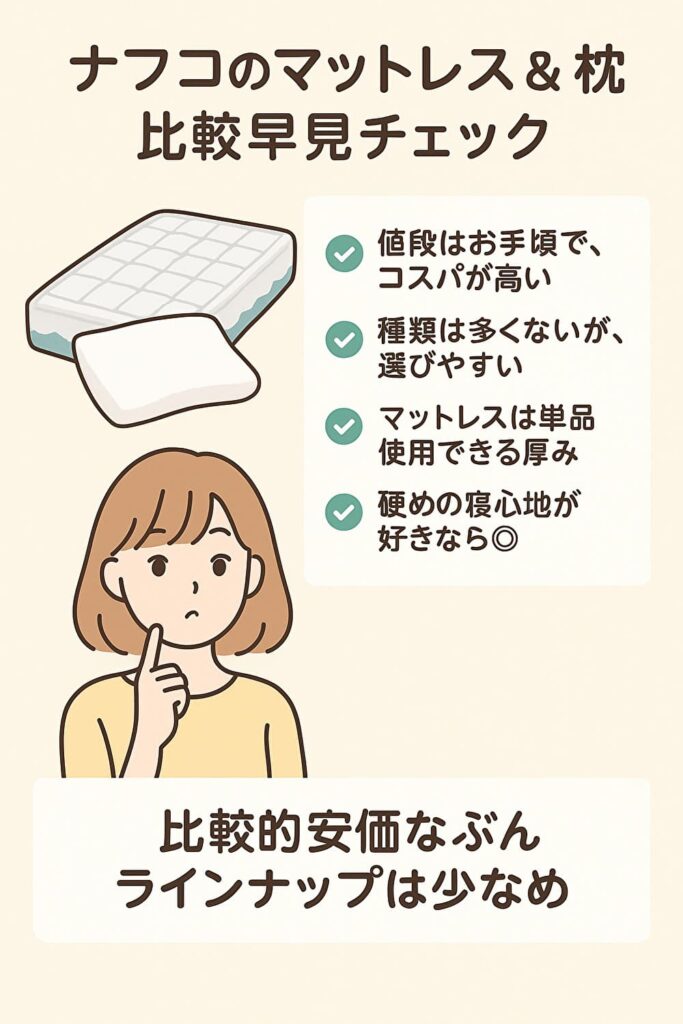 ナフコの寝具を選ぶ前に知っておきたい比較ポイントをチェック形式でまとめた図。値段・厚み・寝心地などが整理され、イラスト付きで視認性が高い。