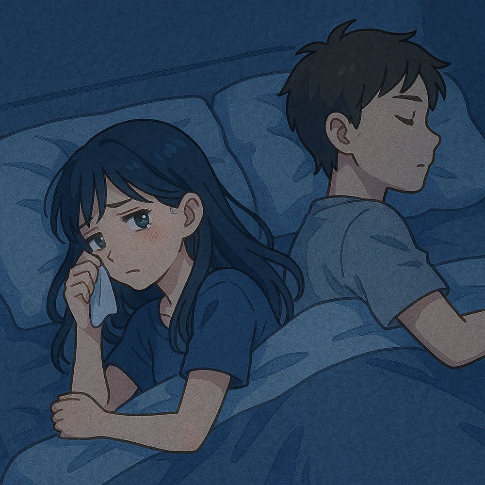 隣に彼がいるのに、背中を向けて涙をこらえる女性。孤独と断絶を感じる夜。