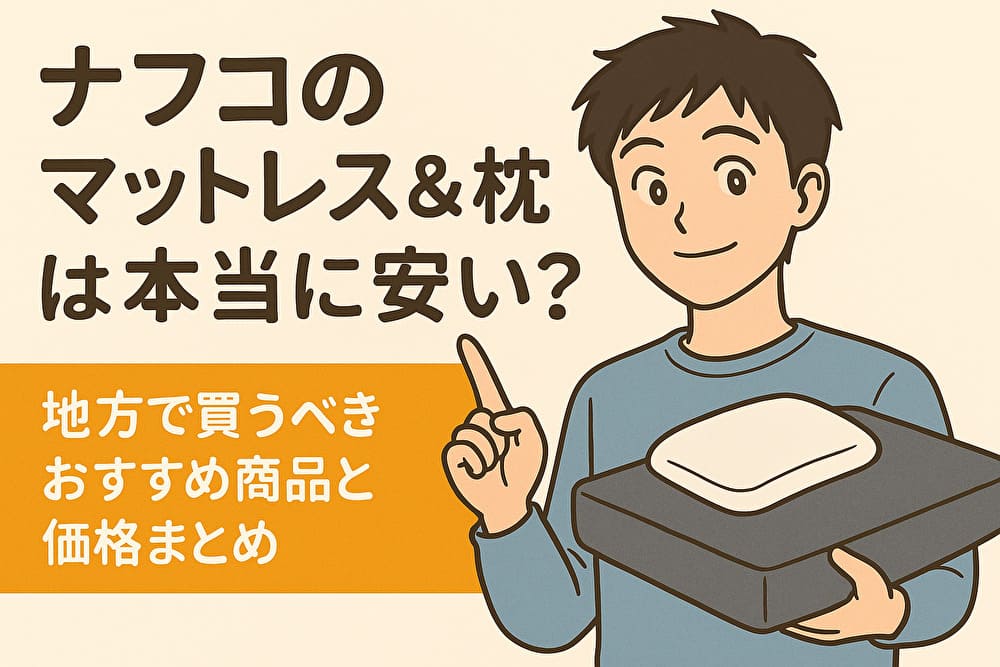 ナフコのマットレスと枕は本当に安い？地方で買うべきおすすめ商品と価格を紹介するイラスト。若い男性がマットレスと枕を持ち、価格の安さをアピールしている。