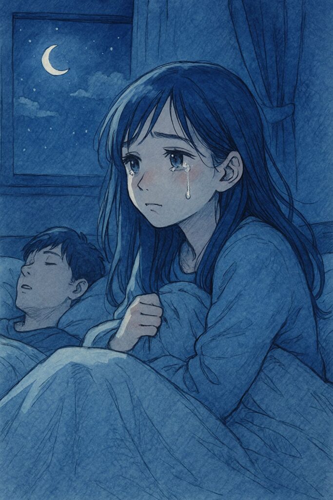 目を開けて不安そうに天井を見つめる女性。静かな部屋で眠れない夜の描写。