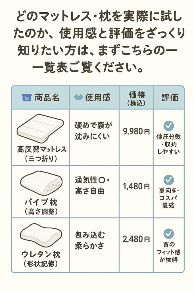 ナフコの高反発マットレス・パイプ枕・ウレタン枕の使用感と価格、評価をまとめた早見表。体圧分散や通気性などが図解されている。