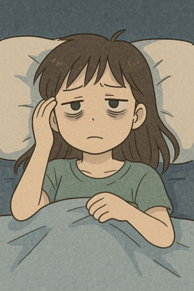 クマができて疲れた表情でベッドに横たわる女性のイラスト