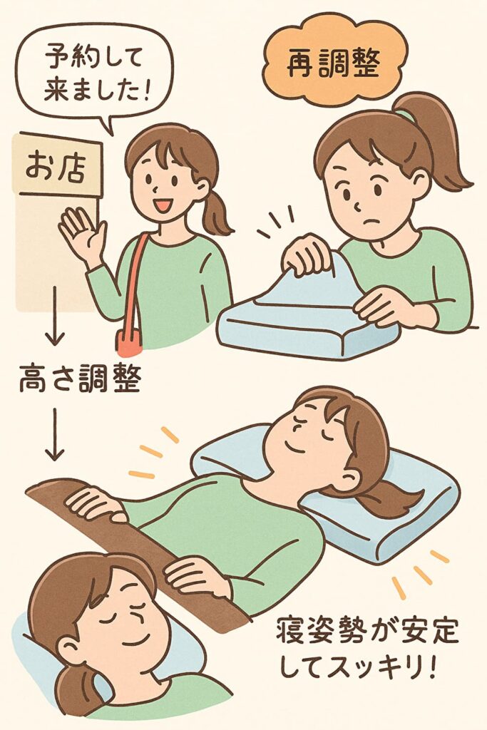 まいまくら店舗で再調整を受け、高さ調整によって寝姿勢が安定しスッキリする様子を描いたイラスト