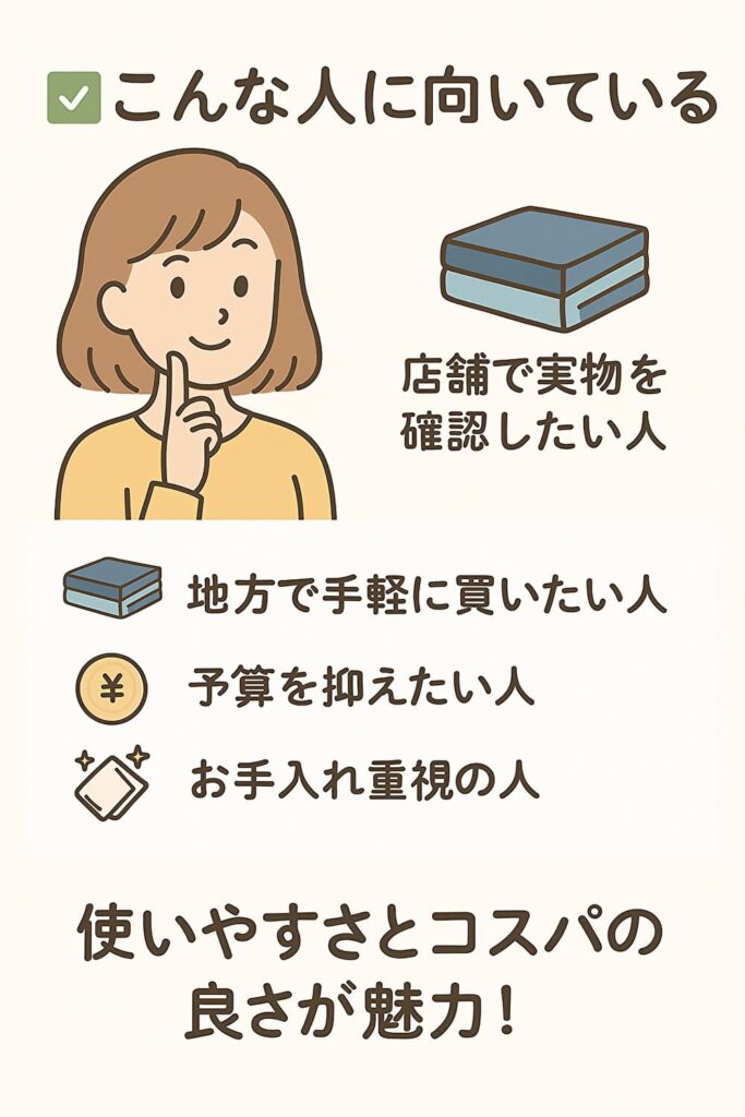 ナフコの寝具が向いている人の特徴をまとめたイラスト。店舗で実物を見たい人、地方在住で手軽に買いたい人などが描かれている。