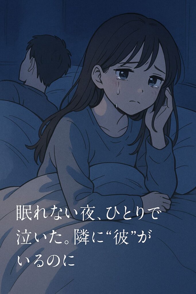 隣に彼がいるのに、背中を向けて涙をこらえる女性。孤独と断絶を感じる夜。