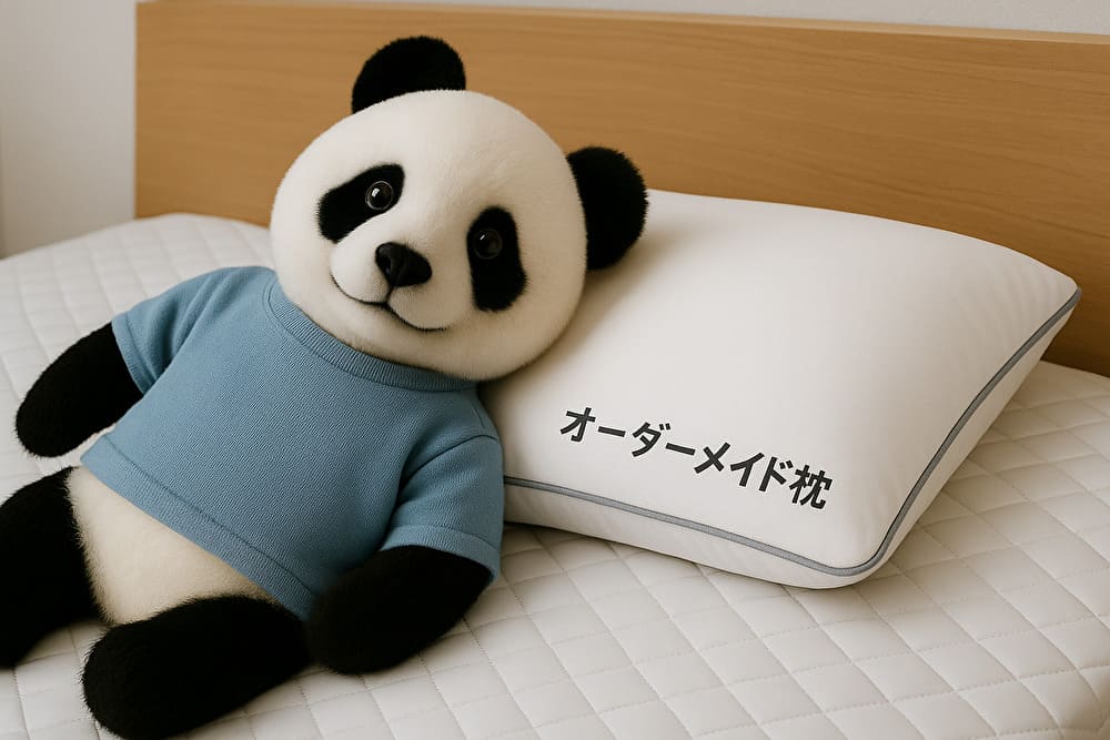 パンくんがオーダーメイド枕でくつろいでいるぬいぐるみ写真