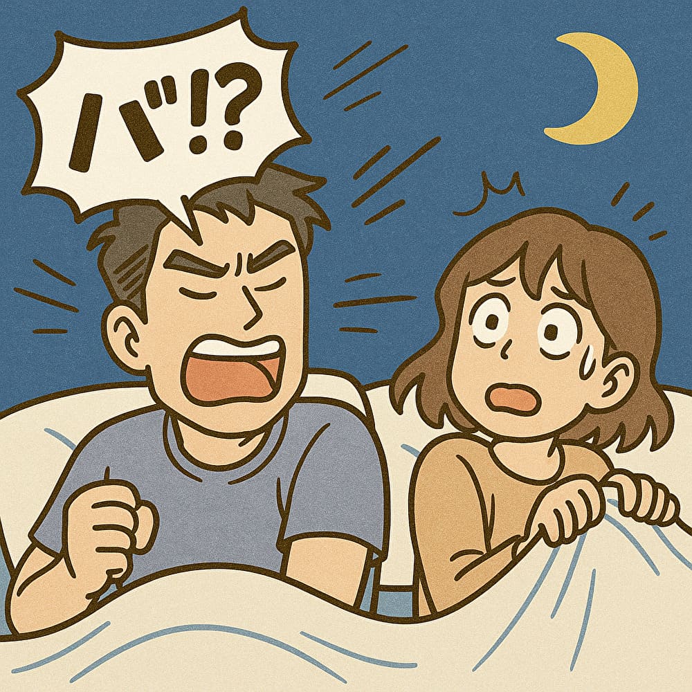寝言で突然叫ぶ男性と驚く女性、夜の布団の中での一場面