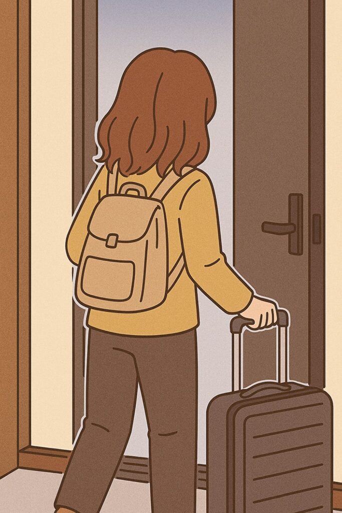 スーツケースを持ち同棲解消の家を出る女性の後ろ姿