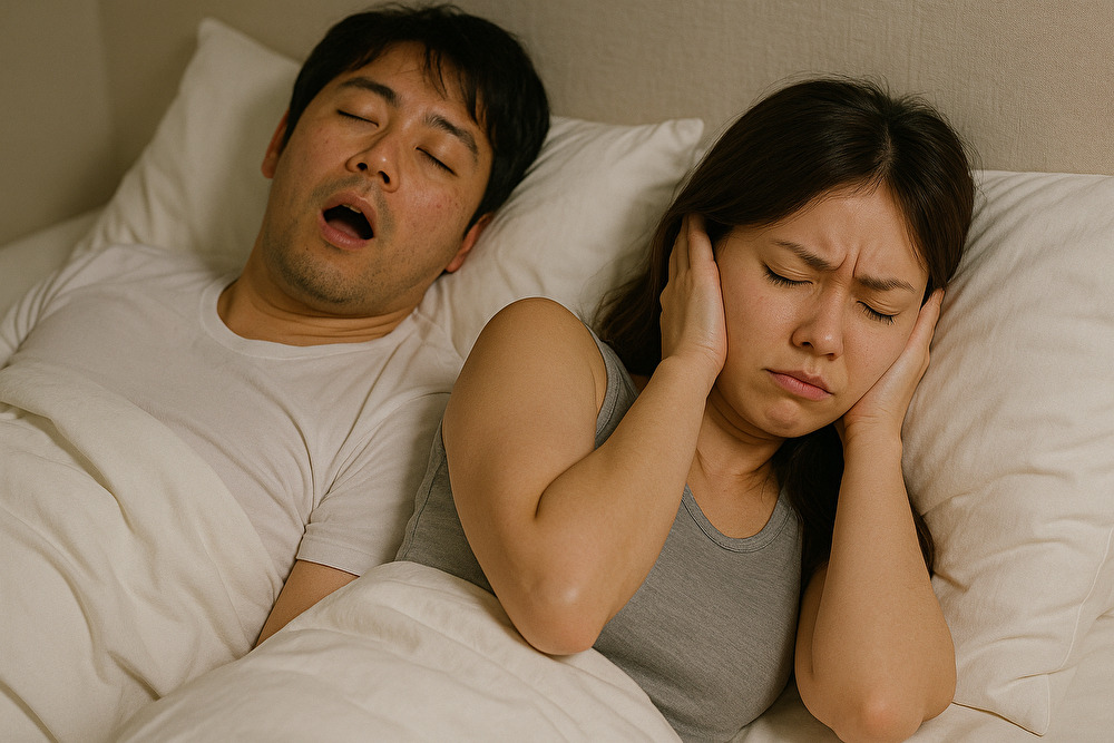 男性のいびきがうるさくて女性が反対向きで耳を抑えているリアルな写真